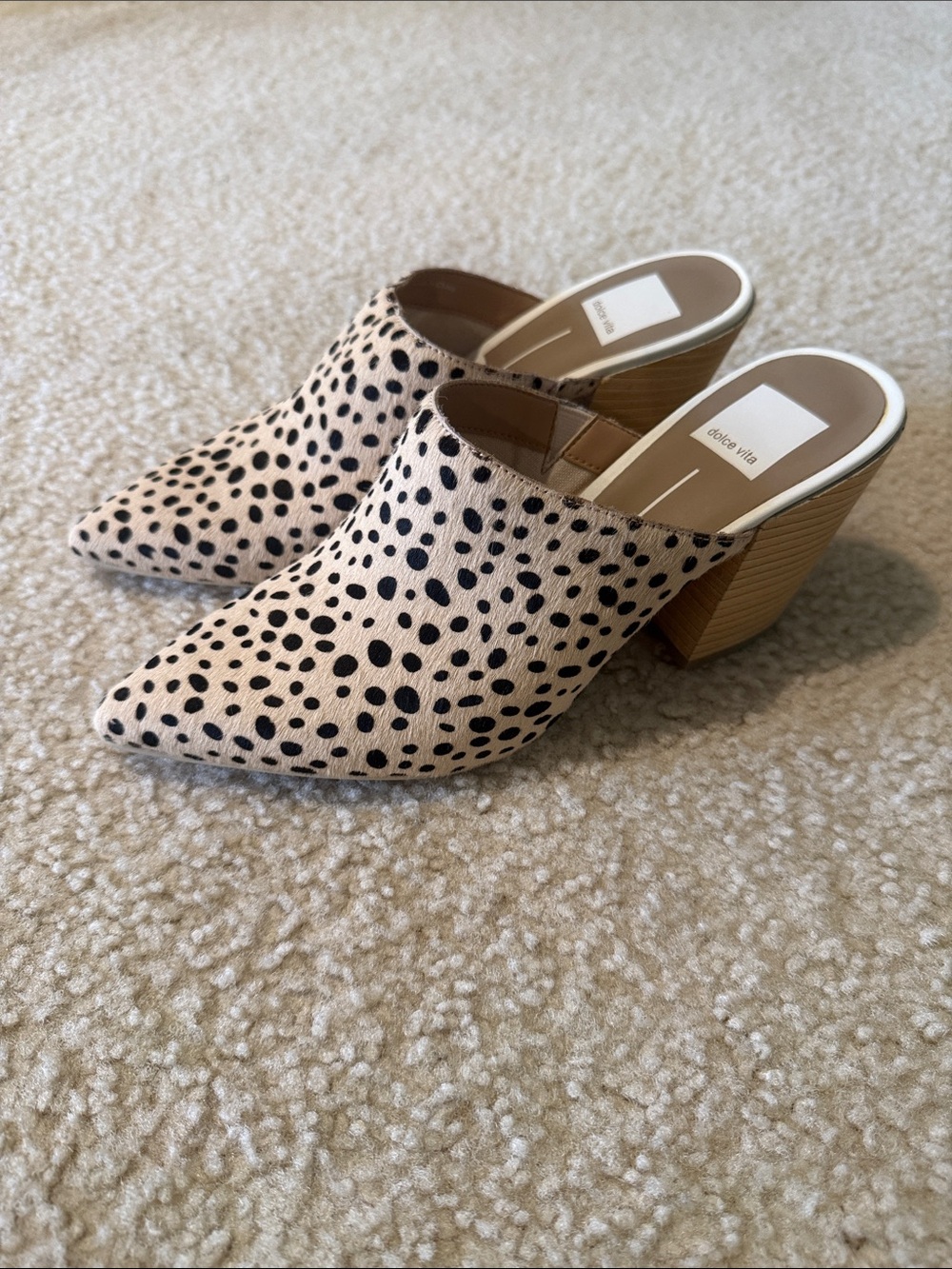 Dolce Vita Beige and Black Spotted Pointed Mule Heels